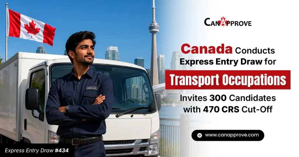 CanApprove graphic announcing Canada Express Entry Draw #434 for Transport Occupations, inviting 300 candidates with a 470 CRS cut-off, featuring a Canadian flag, Toronto skyline, truck, and driver.