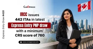 Promotional graphic titled 'Express Entry Draw #435' announcing IRCC issued 442 ITAs in the latest Express Entry PNP draw with a minimum CRS score of 760. Features the CanApprove logo, a Canadian flag, a smiling South Asian businesswoman in a blazer holding a folder, with a city skyline and waterfront in the background.