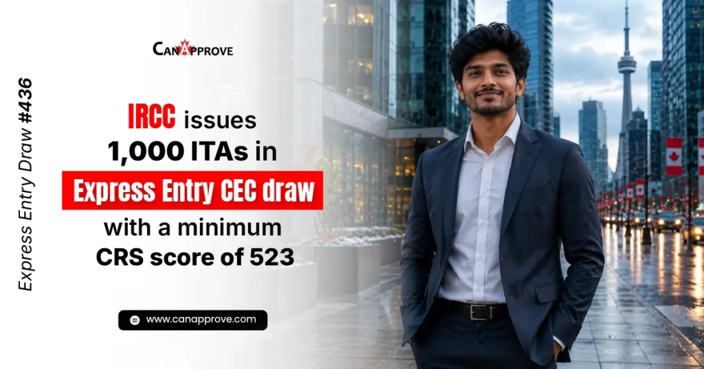 IRCC Express Entry Draw 436 invites 1,000 candidates through the CEC with a minimum CRS score of 523.