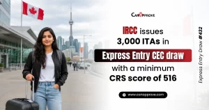 Promotional graphic showing a traveler with luggage in front of the Toronto skyline. The text reads: "IRCC issues 3,000 ITAs in Express Entry CEC draw with a minimum CRS score of 516" and Express Entry Draw 432.