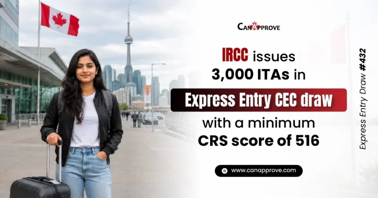 Promotional graphic showing a traveler with luggage in front of the Toronto skyline. The text reads: "IRCC issues 3,000 ITAs in Express Entry CEC draw with a minimum CRS score of 516" and Express Entry Draw 432.