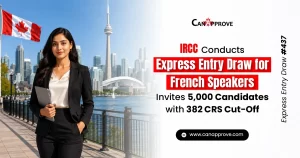 A women standing in Canada with confidence this is a graphical banner for news article for express entry draw 437