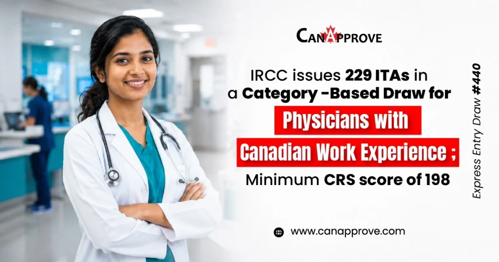CanApprove graphic announcing 229 Express Entry ITAs issued to physicians with Canadian work experience, with a minimum CRS score of 198.