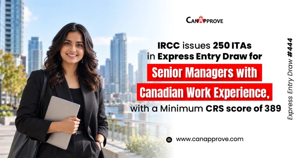 An Express Entry draw promotional graphic with text announcing Express Entry draw 444. On the left, a smiling young woman in a professional black blazer stands outdoors holding a laptop, with a city skyline and water background. On the right, bold text on a clean white background reads: "CanApprove. IRCC issues 250 ITAs in Express Entry Draw for Senior Managers with Canadian Work Experience, with a Minimum CRS score of 389." Vertically printed on the far right edge is "Express Entry Draw #444", and the website "www.canapprove.com" is listed at the bottom.