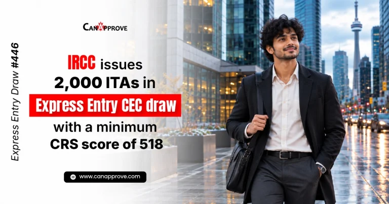 CanApprove graphic showing IRCC's 2,000 Express Entry CEC draw ITAs with a minimum CRS score of 518, featuring a confident man in a city background.
