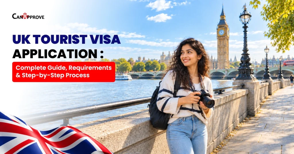 UK tourist visa application guide featuring a tourist visiting London with Big Ben in the background.