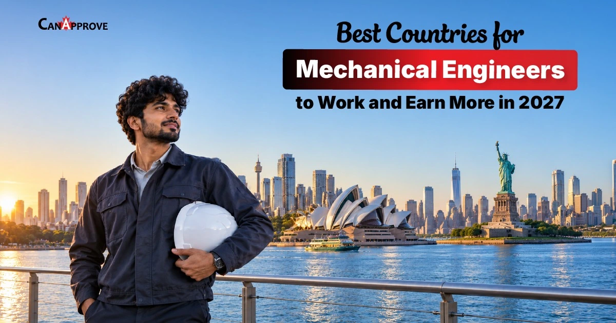 Mechanical engineer holding hardhat with international city skyline - best countries to work abroad in 2027