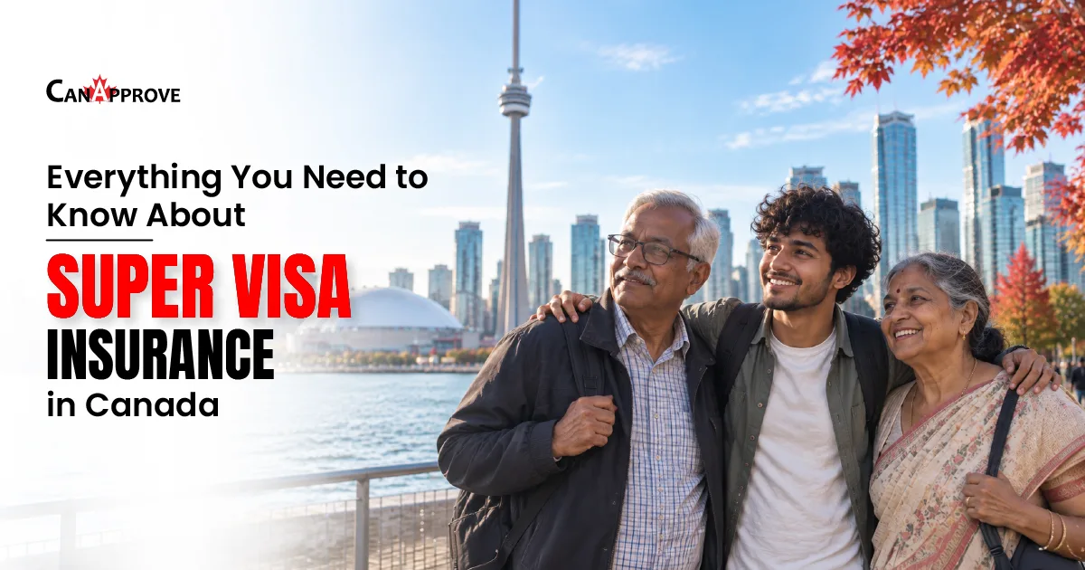 Super Visa insurance in Canada guide featuring a family visiting Toronto with the CN Tower in the background.