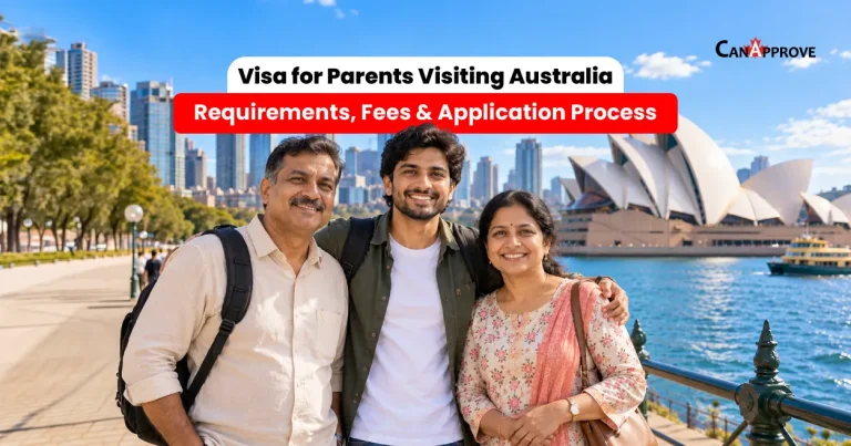 Smiling parents posing with their adult son in front of the Sydney Opera House, with text reading “Visa for Parents Visiting Australia: Requirements, Fees & Application Process.”