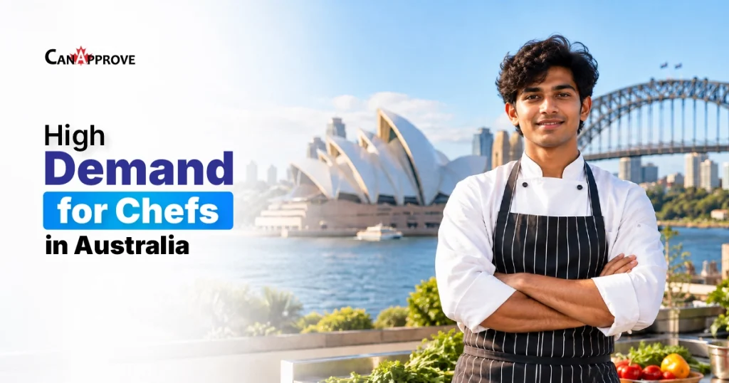 Smiling young chef in a white jacket and striped apron, arms crossed, standing in front of the Sydney Opera House and Harbour Bridge, with the headline 